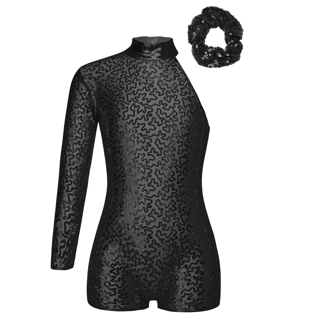 Girls Sparkly Sequin Gymnastics Leotard One Shoulder Long Sleeve Bodysuit with Hair Tie Jazz Dancewear