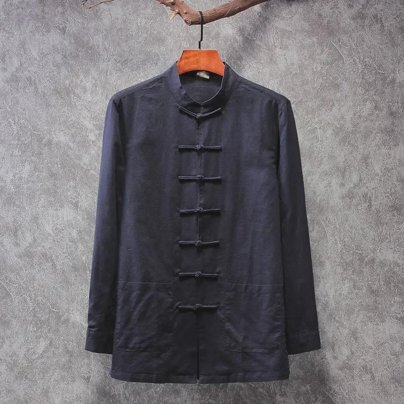 Мужская рубашка в китайском стиле ханьфу с длинными рукавами - смесь хлопка и льна, коллекция весна/осень