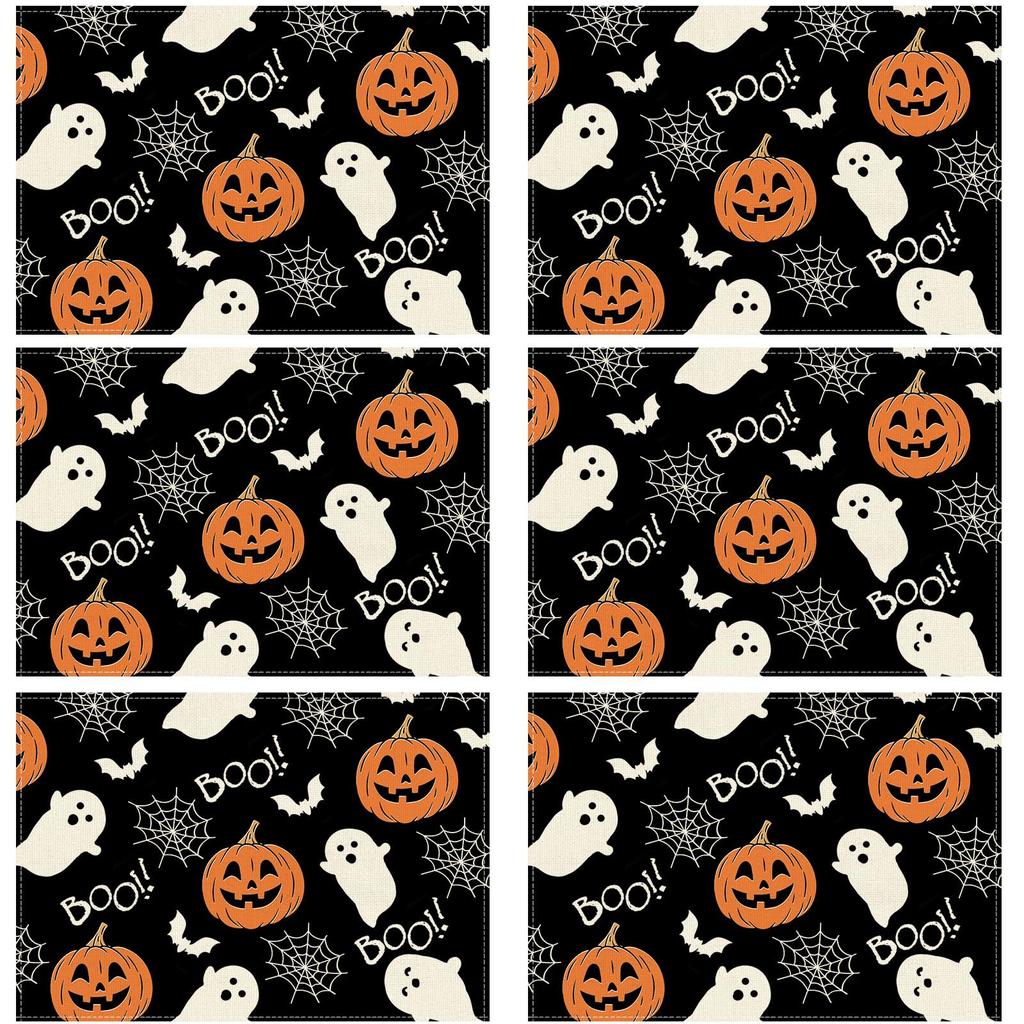 Бу! Жуткий Призрак Тыква Хэллоуин Тканевые Подставки под Тарелки Набор из 6 Штук Столовые Коврики Декор для Стола 12x18 Дюймов