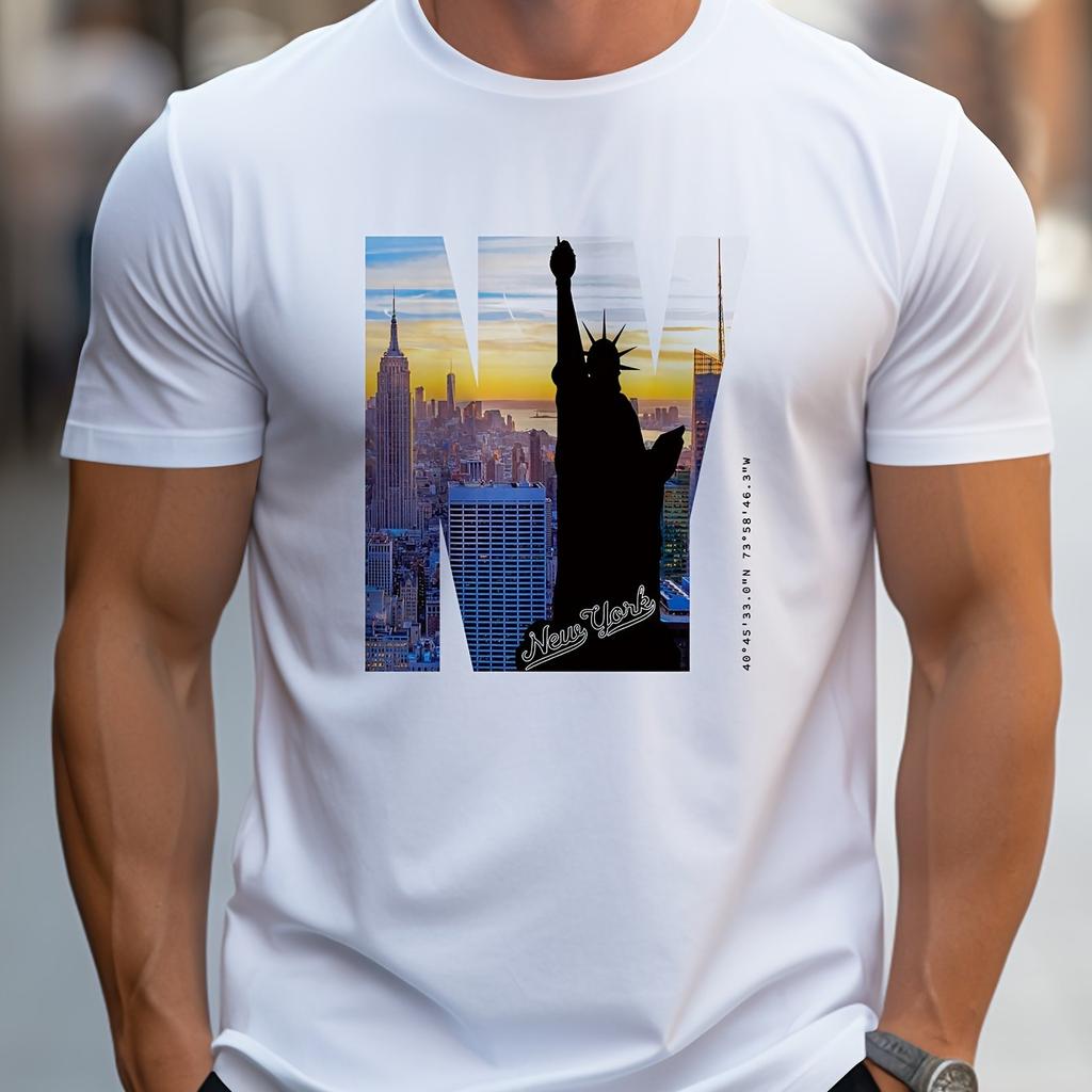 Men's 100% Pure Cotton Summer Loose Fit Large Size NY Graphic Print Casual Slim Fit Round Neck Short Sleeved T-shirt Top