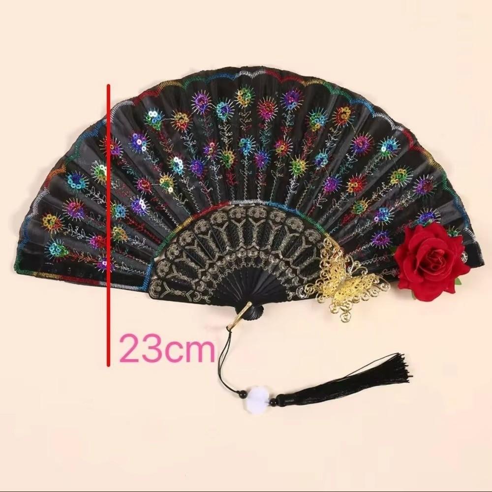 Sequin Decorated Spanish Handheld Fan Embroidered Flamenco Dance Fan New Gothic Dance Fan