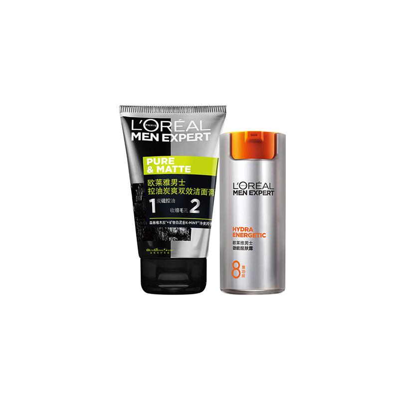 Набор мужских средств для умывания L'Oréal Paris Double Effect - Мужской очищающий гель с углем для контроля жирности Double Effect 100 мл Мужской освежающий лосьон Energy 50 мл