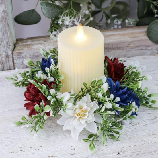 2Pcs Patriotic Artificial Wreath Candle Independence Holder Day Pillar Candle Ring Red White Blue