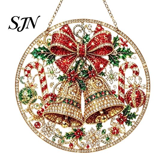 Festive Indoor Winter Ornament Christmas Faux Diamond Art Kit, Santa Angel Sun Catcher DIY Acrylic Sparkling Holiday Home Decor Round