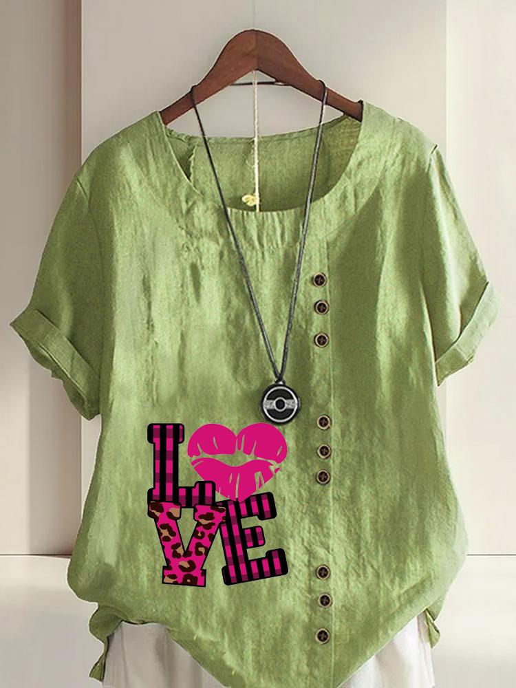 Women's Fashion Love Letters Print Shot Sleeve T-shirt Loose Cotton Shirt Casual Loose Summer Blouse Tops Plus Size
