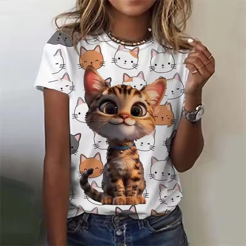 Женская забавная футболка с принтом животных и кошек, футболки с коротким рукавом, топы с 3D-принтами, рубашка с круглым вырезом, летняя повседневная женская одежда
