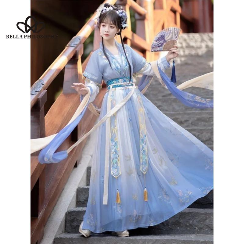 Новый китайский стиль, ретро, античный стиль, нежный оригинальный дизайн, платье Hanfu с длинными рукавами и принтом на талии