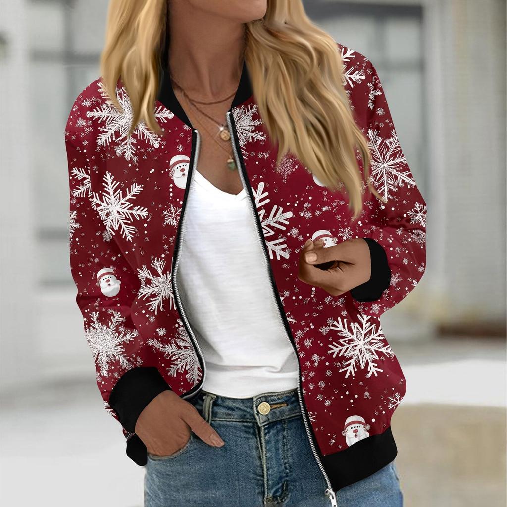 Куртки женские с длинным рукавом, легкие, на молнии, укороченные, модные, с рождественским принтом, верхняя одежда, повседневные, стеганые куртки с карманами