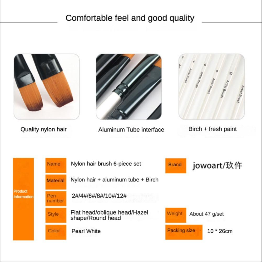 6Pcs/Set Wood Pole Hair Watercolor Brush Pearl White Art Paint Brush Nylon Hair Brush Set Beginners