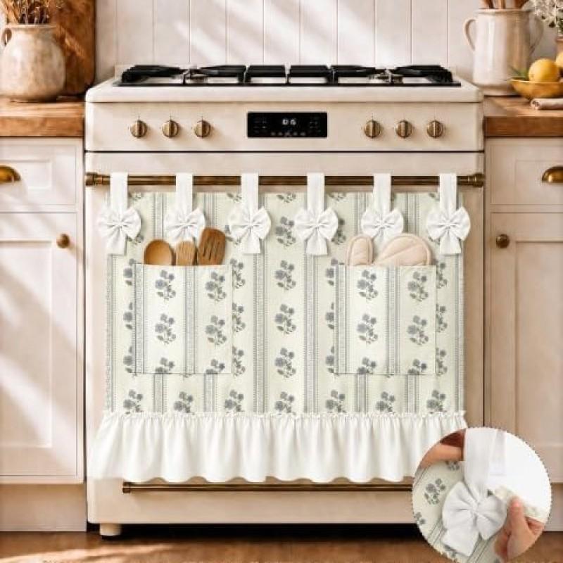 Oven Curtain With Pocket Hook-and-Loop Skirt Cherry Bow Decorative Kitchen Door Drape