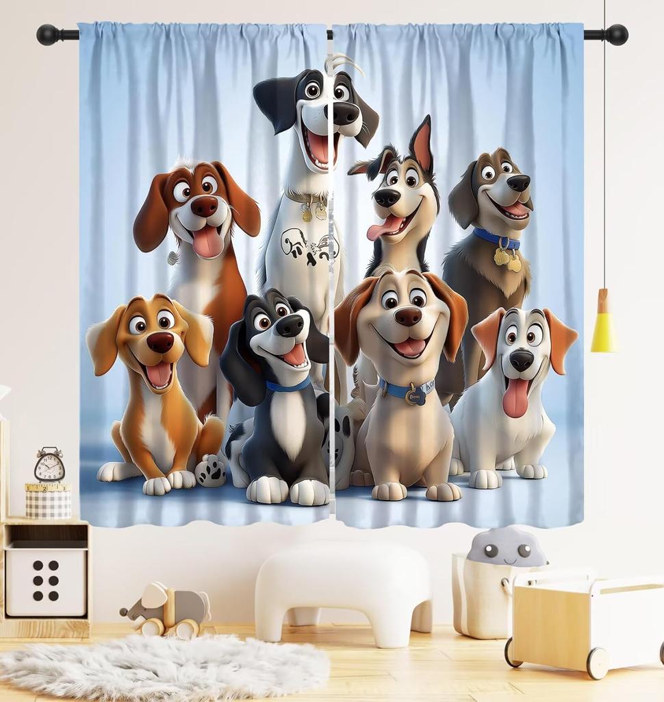 Funny Dog Blackout Curtain, Cute Animals Cartoon Dog Kawaii Pets Pattern Drapery Rod Pocket Drapes Treatments Window Curtains