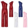 Girl's One Shoulder Sequins Sleeveless Jumpsuit Pants High Waist Party Rompers Dancewear Costume