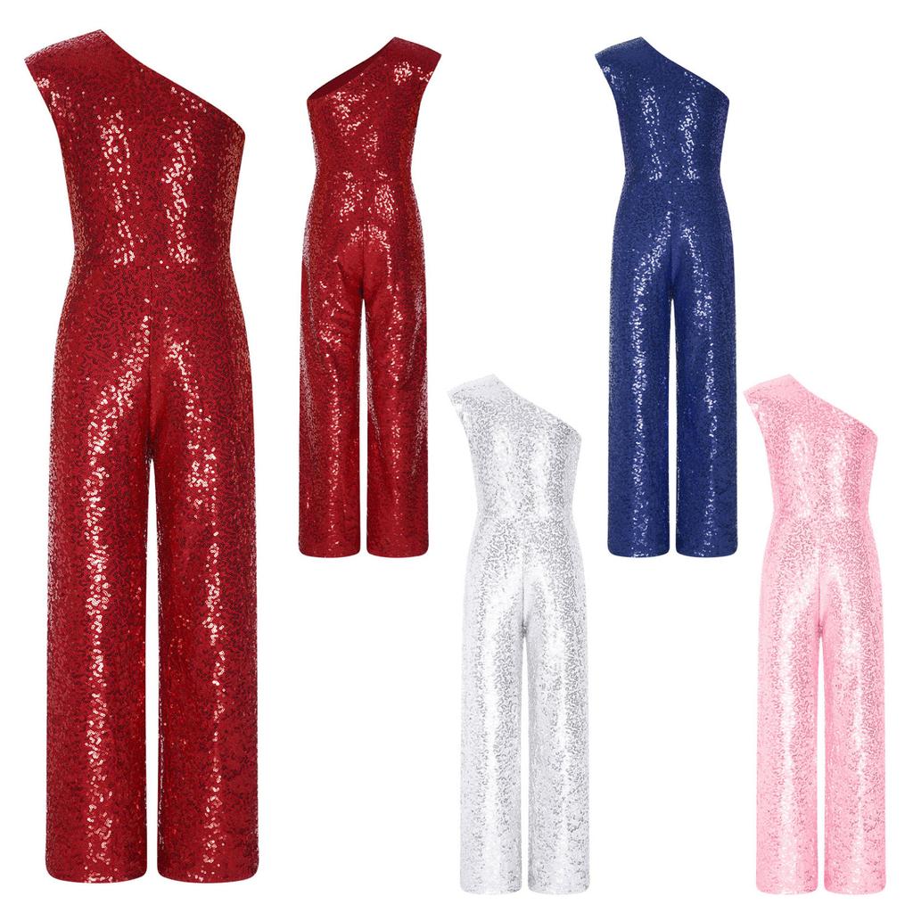 Girl's One Shoulder Sequins Sleeveless Jumpsuit Pants High Waist Party Rompers Dancewear Costume