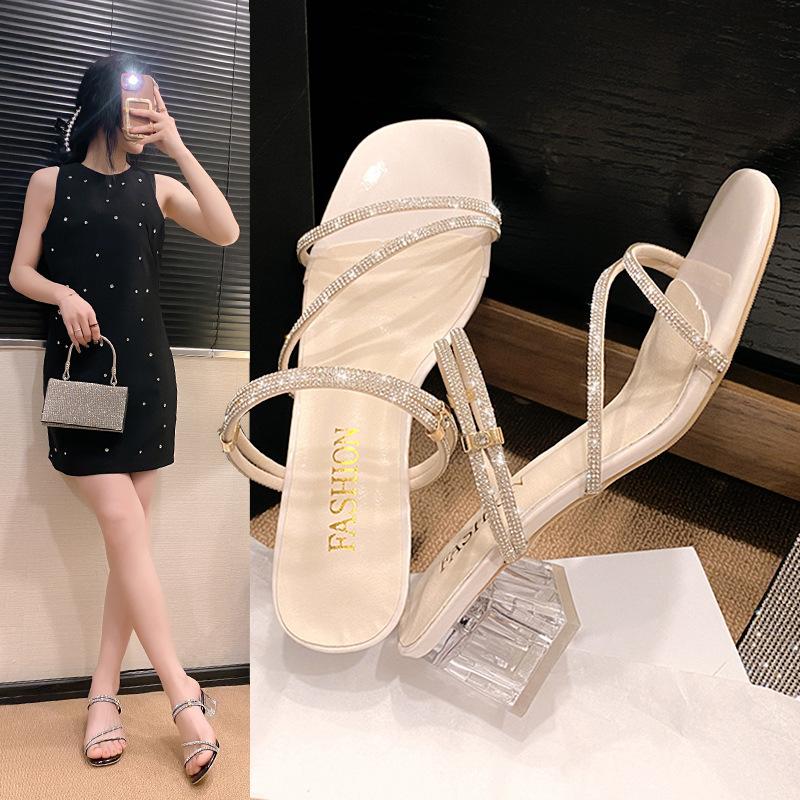 Rhinestone Sandals Two Wear Cool Slippers Women's Summer Wear 2025 New Thick Heel High Heels