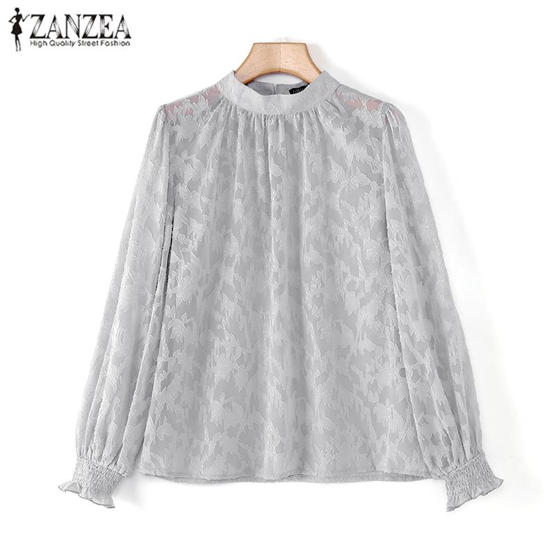 ZANZEA Women Elegant High Neck Lantern Long Sleeve Transparent Lace Blouses