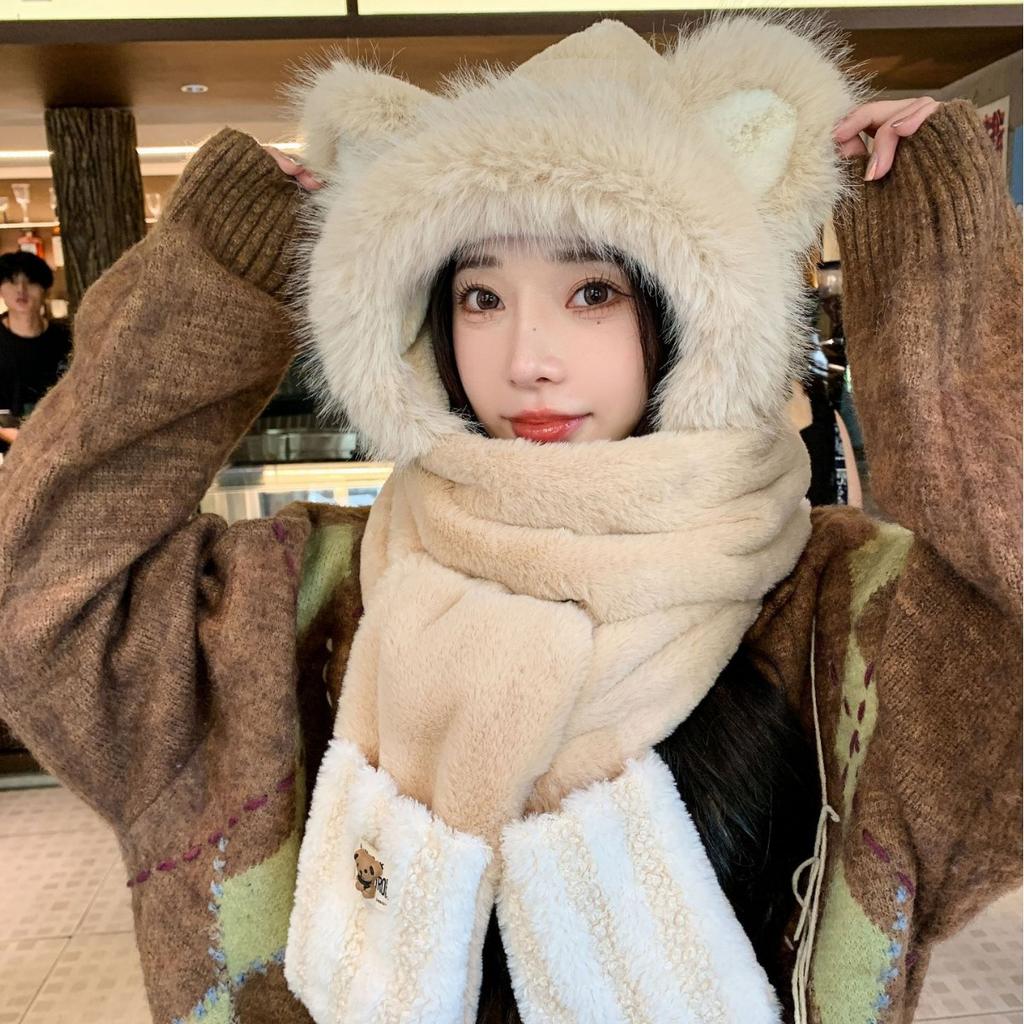 New Winter Plush Warm Cute Bear Hat Autumn and Winter Plus Velvet Thickened Ear Protection Hat Scarf Integrated Hood