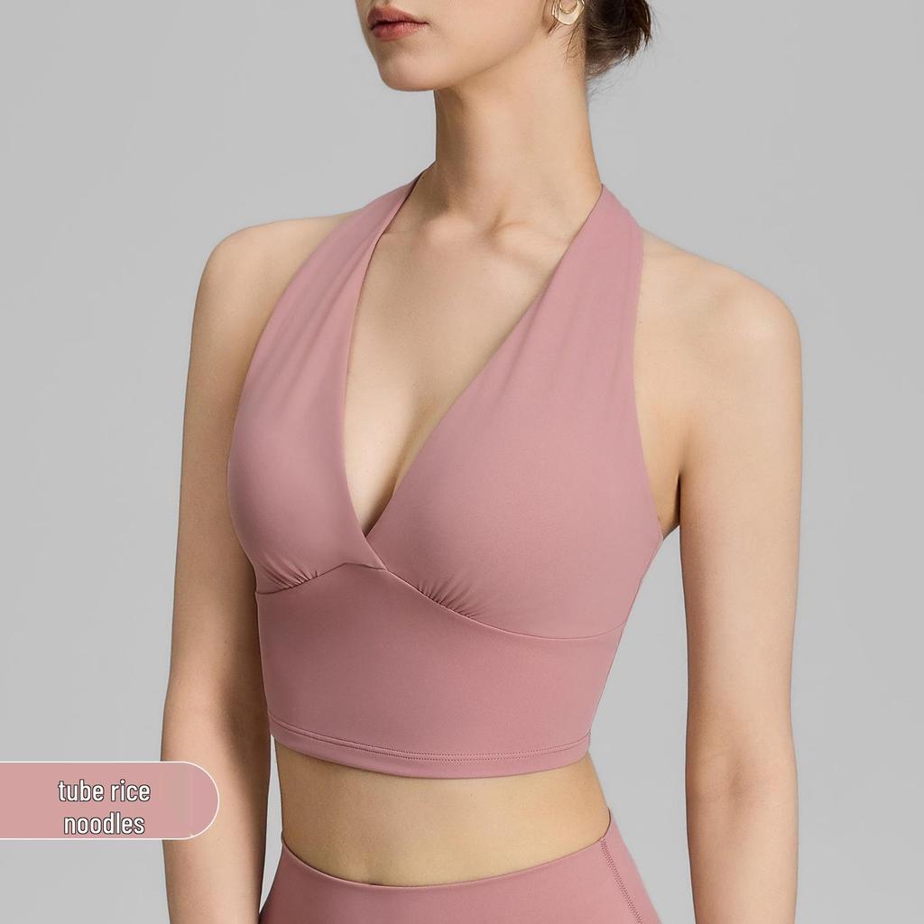 Женский спортивный топ-бра с V-образным вырезом и топ-майка для йоги с завязками на шее и фиксированными чашками - Поддерживает жир в области подмышек