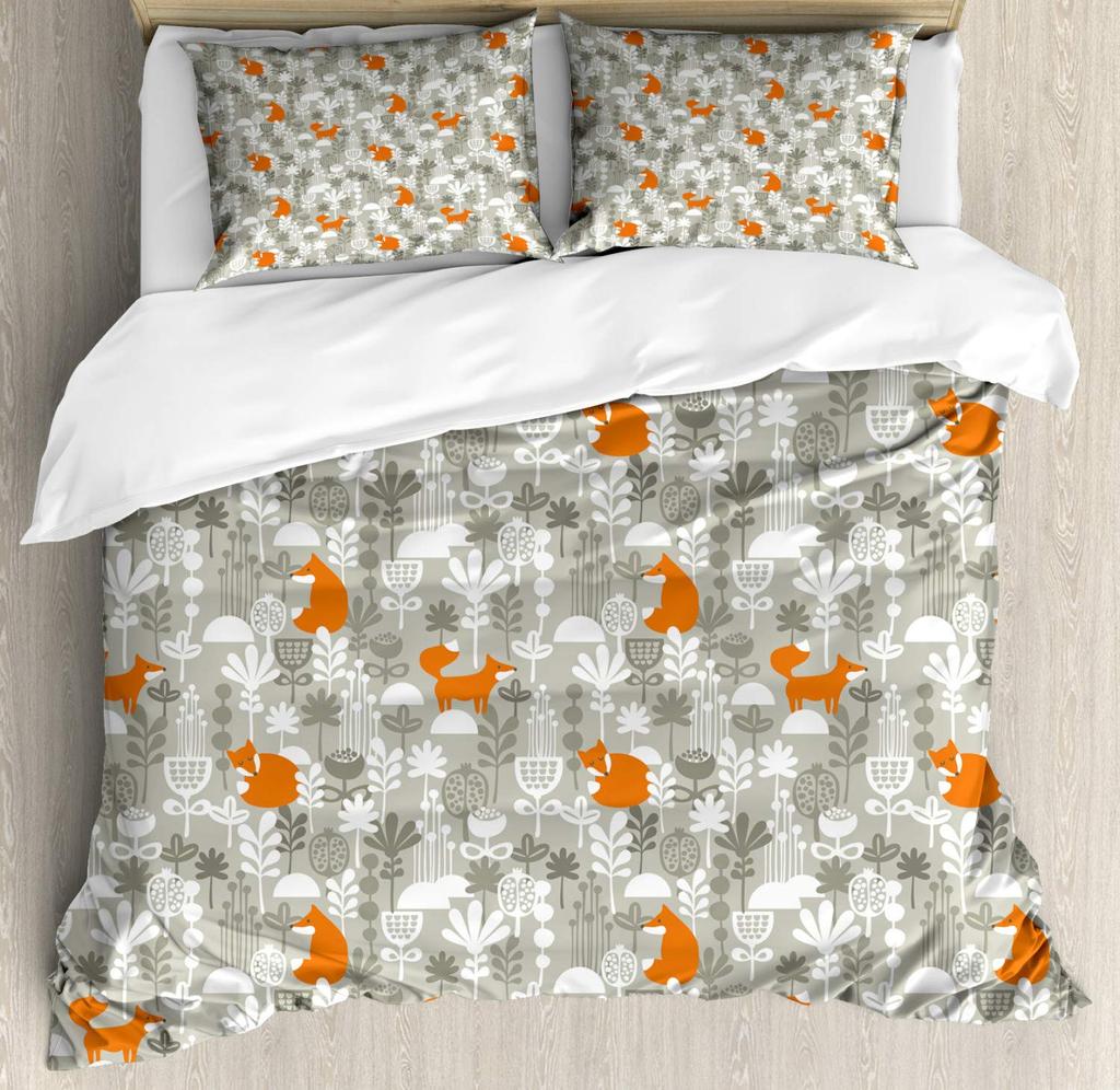 Girls Cartoon Fox Duvet Cover Set Cute Fox Bedding Set Kawaii Animals Comforter Cover Botanical Floral Bedspread Cover Full Size
