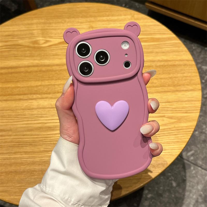 Милый защитный чехол с ушками медведя для iPhone 11/13/14/15/16/17 Pro с дизайном в виде сердца