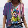 Women's T-Shirt Color Cat 3d Printing Short-Sleeved Fashion Casual Street V-Neck Oversized High-Quality Summer Women's Clothing