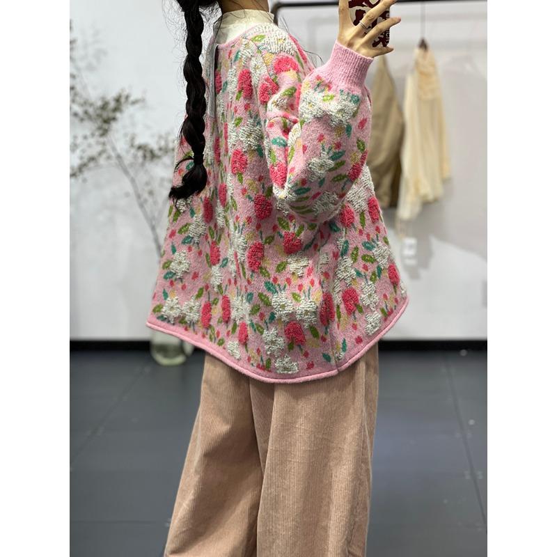 Зима Новинка Плюс Размер Осень Женщины Цветочные Пуговицы Свитера Куртка Вязание Мода Оверсайз Повседневный Стиль Свободный Кардиган Свитер