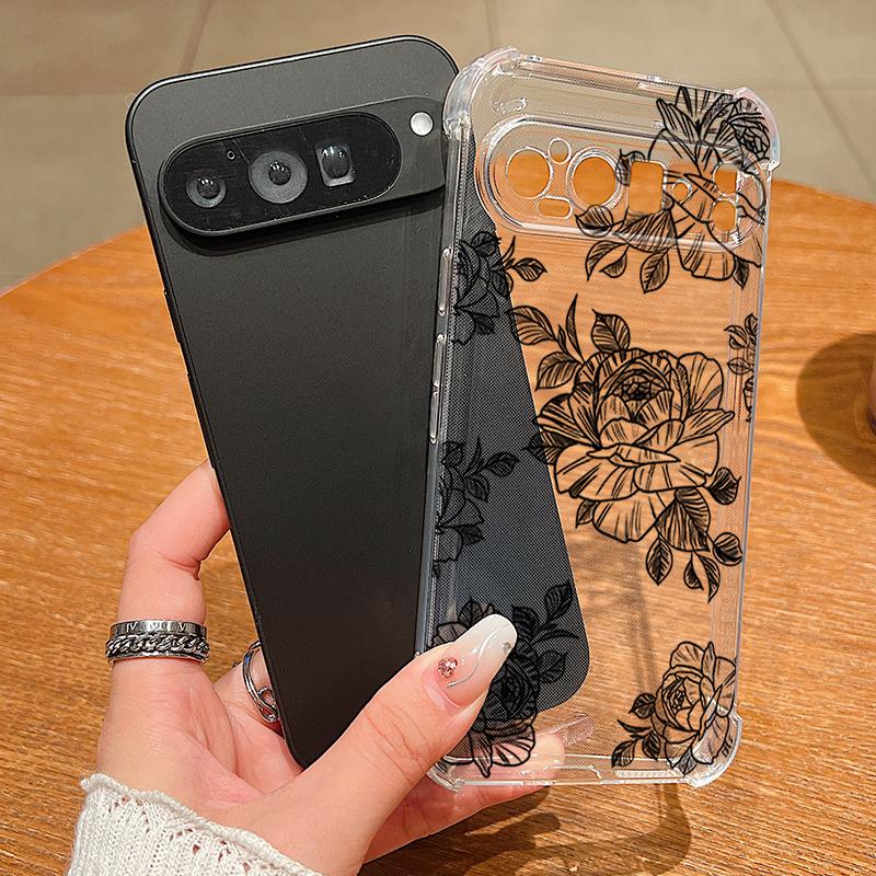 Black Floral Printed Clear TPU Phone Case For Google Pixel 9 Pro Pixel 9 Pro XL Soft Silicone Back Cover For Google Pixel 9A