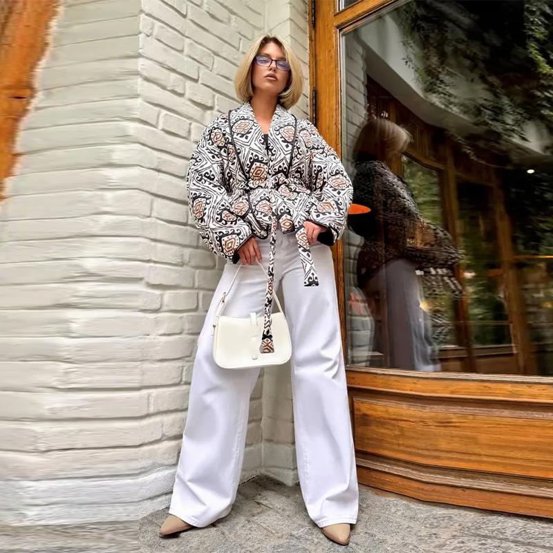 Printed Lace Up Cotton Jacket Lapel Cardigan Thick Warm Women's Oversize Coat Retro Ethnic Style Autumn/Winter 2025