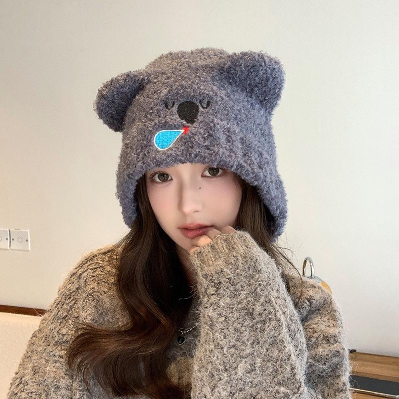 Autumn Winter Hat Women Bear Ear Protection Cap Plush Warm Knitted Wool Hat
