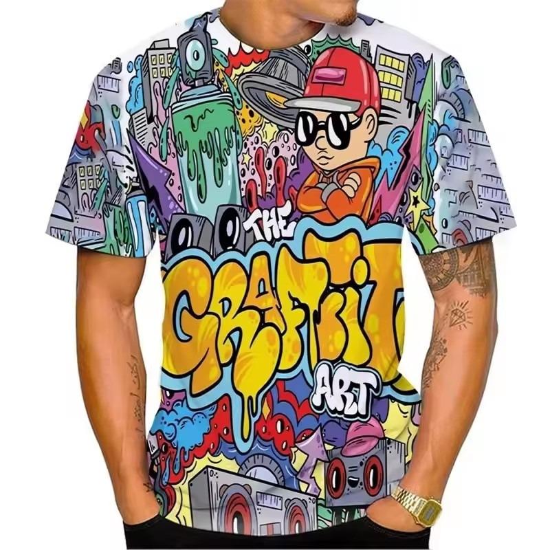Fun Graffiti Street T-shirt 3D Printed Men's Hip Hop Summer Cool Tee Shirt Casual Youth Popular Personality Short Sleeve Top