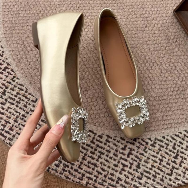 Fashion Inside Heightened Flat Shoes Summer New Square Toe Shallow Mouth Crystal Square Buckle Soft Sole Soft Leather Single Shoes
