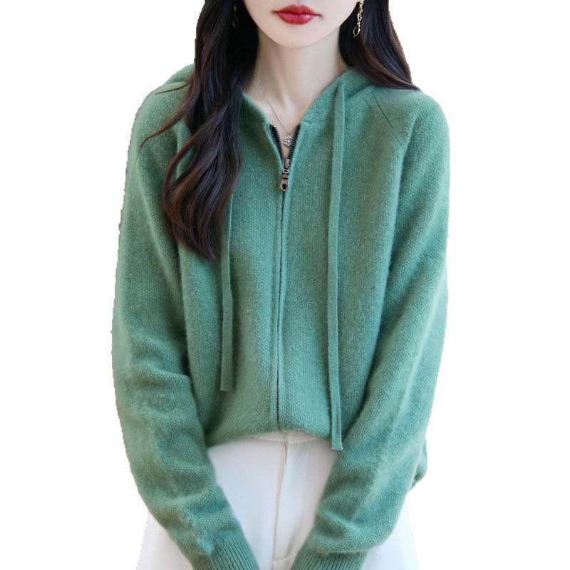 Women's 100% Pure Wool Hooded Knitwear Cardigan Coat - Autumn Winter 2025 New Arrival, Zipper, Lazy Style Sweater