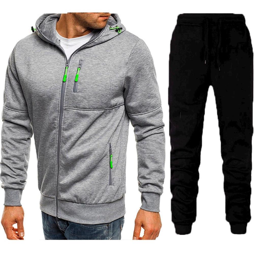 New Men's Sports Suit Zipper Cardigan Two-piece Running Outdoor Hooded Suit