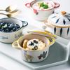 Cartoon Ceramic Bowl Double-eared with Lid Kid Food Supplement Bowl Noodle Ramen Salad Steamed Egg Bowl Microwave Tableware