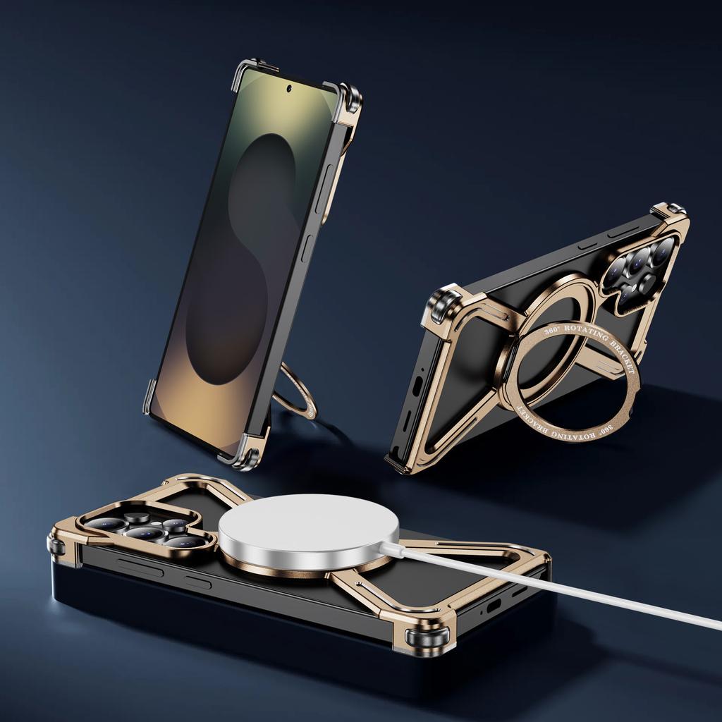 Frameless Case For iPhone 16 15 14 13 Pro Max Minimalist Phone Case Magnetic Kickstand Titanium Metal Frameless Protective Shockproof Case