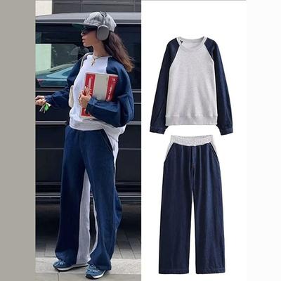 Повседневный лоскутный джинсовый свитшот, брюки, комплекты, женский О-образный вырез, контрастный топ, брюки с высокой талией, женский костюм 2024 года, осенняя женская уличная одежда