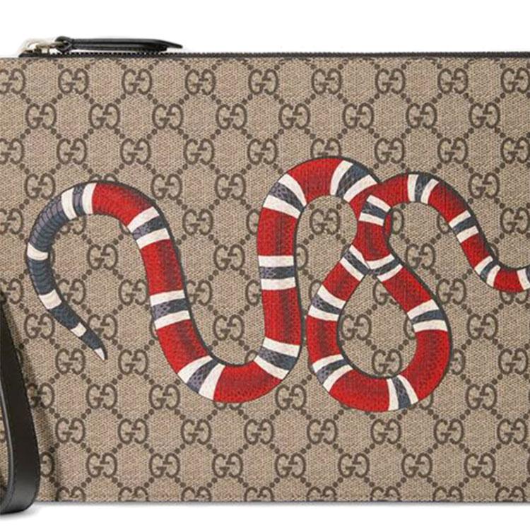 Gucci Coral Snake Print Vintage Logo Detachable Wrist Strap Canvas And Leather Clutch Men clutch Ebony Black 473904-GZN1N-8666