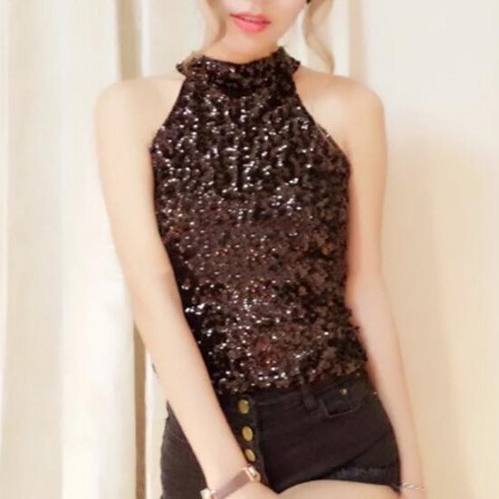 Женский топ с блестящими пайетками, с открытыми плечами, без рукавов, с бретелькой на шее, приталенный пуловер, сплошной цвет, сценическое выступление, клубный танцевальный топ, жилет