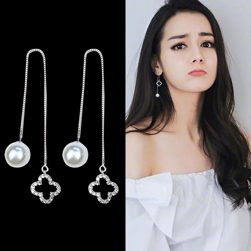 Корейские длинные серьги-игл S925 Silver Star & Moon Leaf Clover для женщин