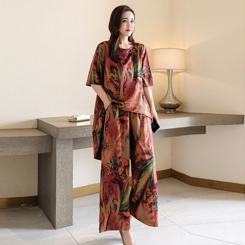 Ретро Принт Круглый Вырез Короткий Рукав Футболка Повседневные Широкие Брюки Комплект из Двух Предметов Элегантный Женский Костюм с Брюками