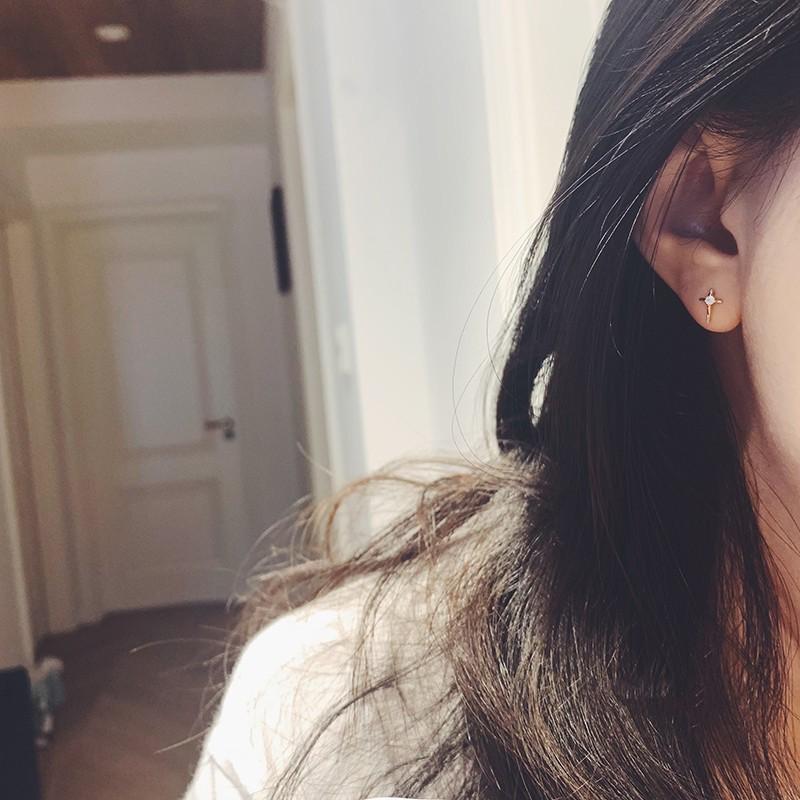 S925 Sterling Silver Cross Stud Earrings Women's Simple Mini Handmade Texture Light Luxury White Zirconium Emerald