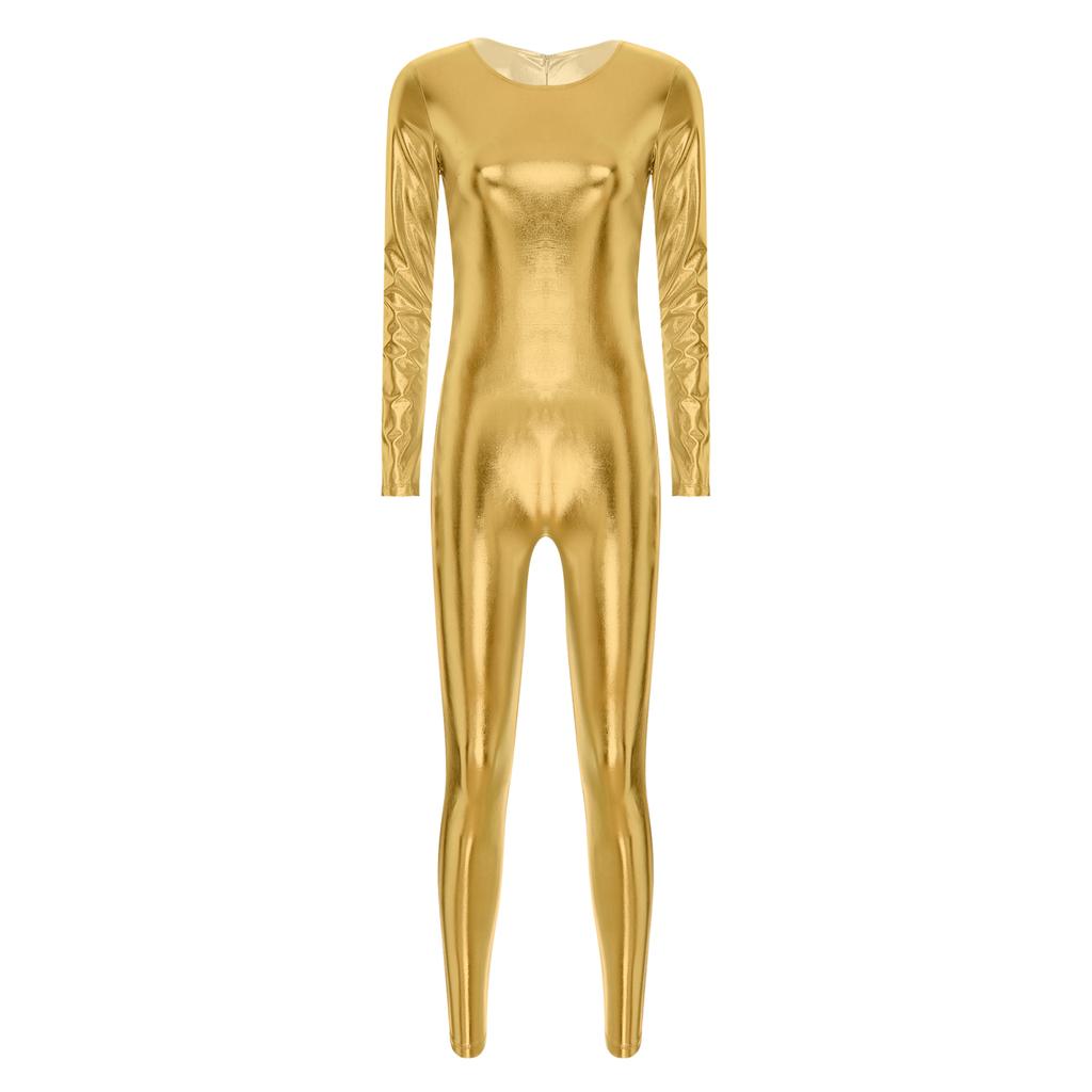 Женский цельный комбинезон с круглым вырезом и длинными рукавами металлик, праздничный комбинезон для всего тела