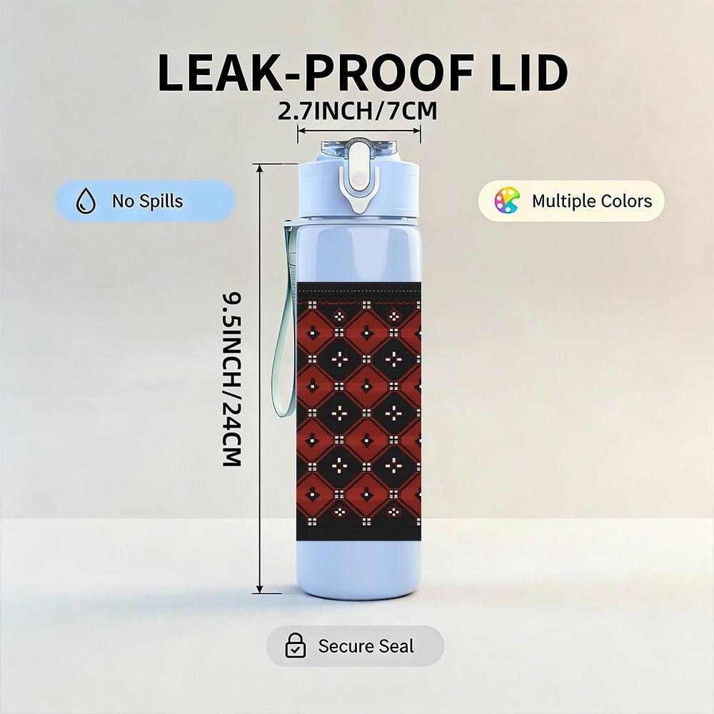 1PC Dark Red Floral Square Texture 750ml Color Plastic Sports Water Bottle Leakproof Flip Straw Lid For Sports Office Home Use