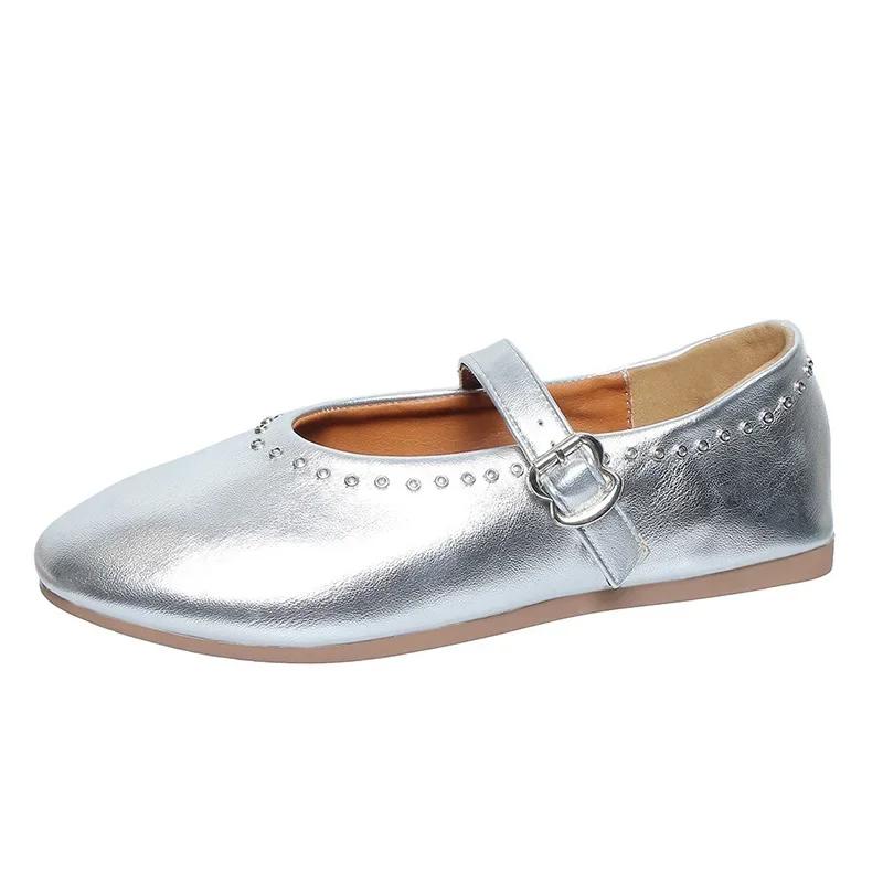 Women Flats Fashion Rivet Loafers Buckle Strap Round Toe Shallow Mary Jane Shoes Lady Soft Sole Leather Pumps Casual Thin Shoes