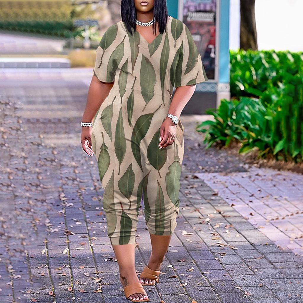 Женские повседневные комбинезоны на молнии с V-образным вырезом и короткими рукавами больших размеров с карманами, широкие длинные комбинезоны