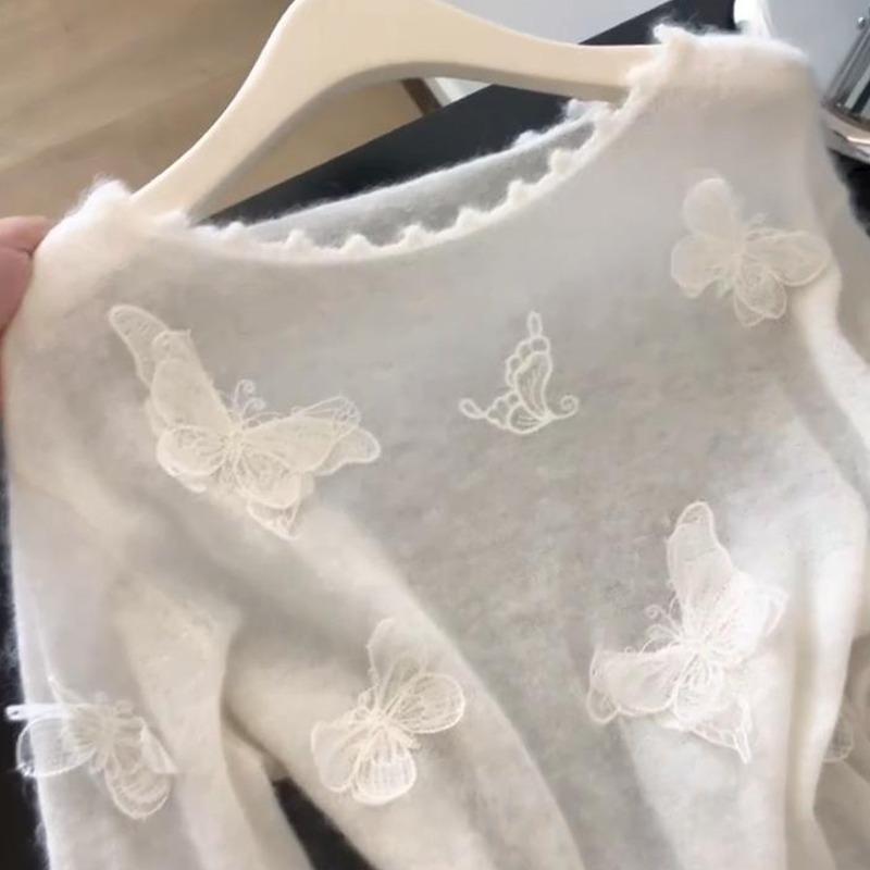 Белый вязаный свитер женский осенний с чувством дизайна рубашка с длинным рукавом топ