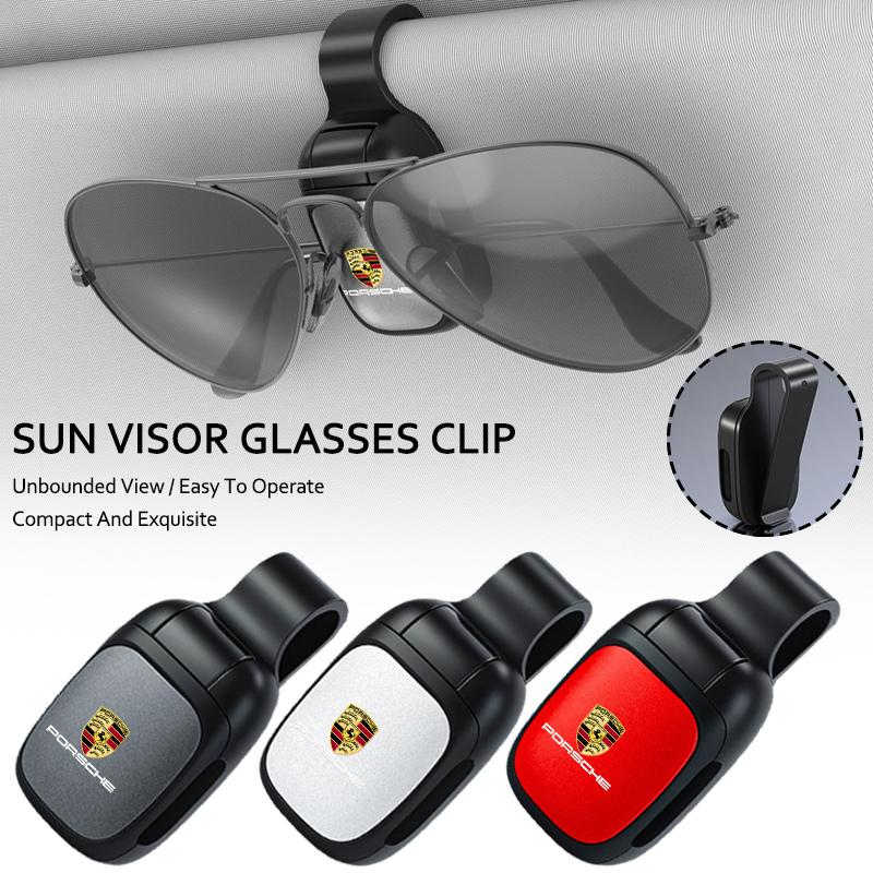 AIHQR1 Car Sun Visor Glasses Holder Sunglasses Case Eyeglasses Clip For Porsche Cayenne Panamera Macan Boxster Cayman 718 911 Sticker