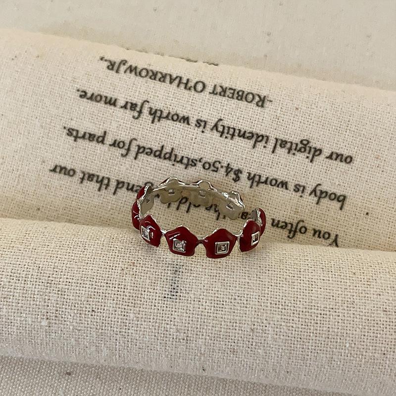 Red Oil Drop Flower Cherry Open Ring Women'S Niche Design Sense Light Luxury Elegant Fashion Versatile Ring Ring