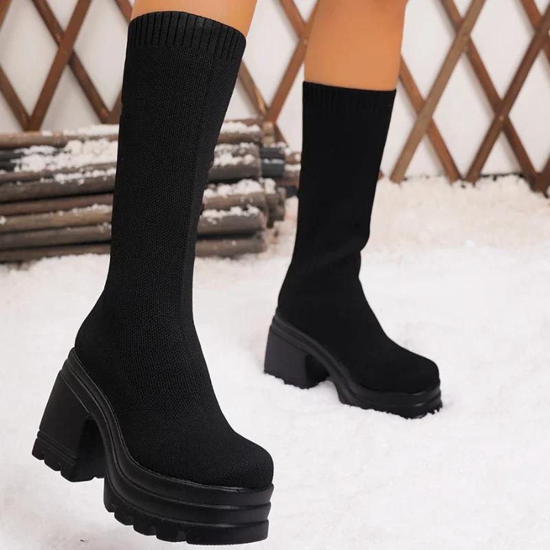 2025 Новый стиль женские сапоги на высоком каблуке вязаные теплые женские эластичные носки сапоги для сцены подиума повседневные женские модные сапоги без застежек
