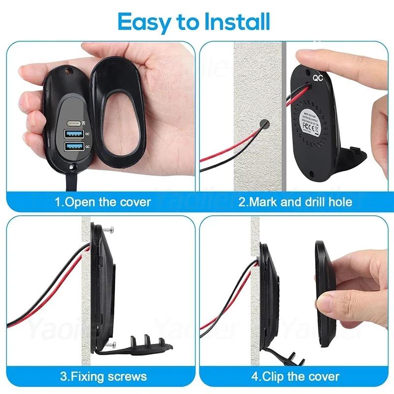 3-портовая 56 Вт 12 В USB-розетка для автофургона, двойная 18 Вт QC3.0 USB-A и PD3.0 USB-C розетка для автомобильного зарядного устройства для автомобиля, морской лодки, мотоцикла, грузовика
