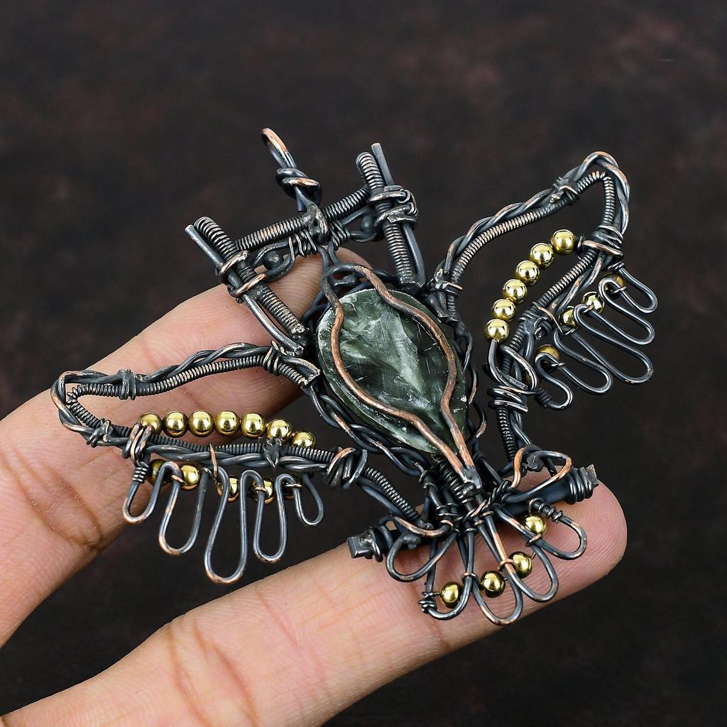 Подвеска серафинит, медная проволочная обертка, подвеска в виде совы, драгоценный камень, медные украшения, подарок для мамы, подвеска ручной работы в стиле бохо, проволочная обертка